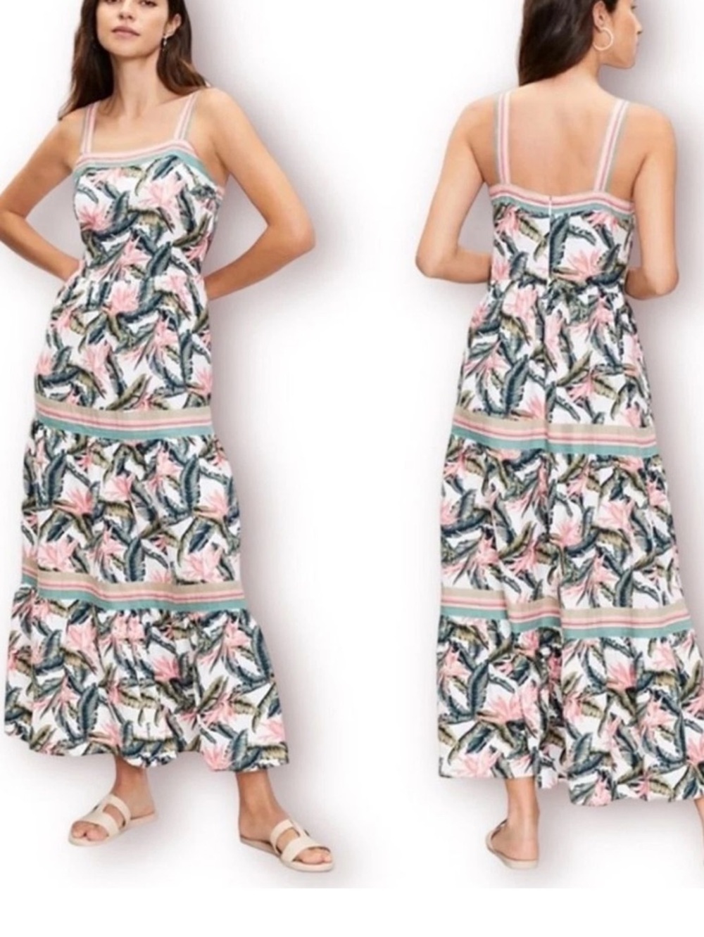 LOFT Paradise Tropical Print Summer Maxi Dress Floral Palm Leaf Linen 6